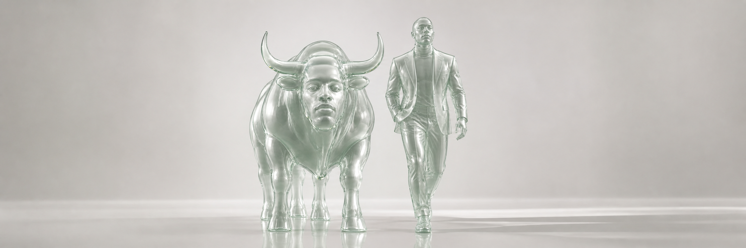 The translucent glass bull and guardian walking together
