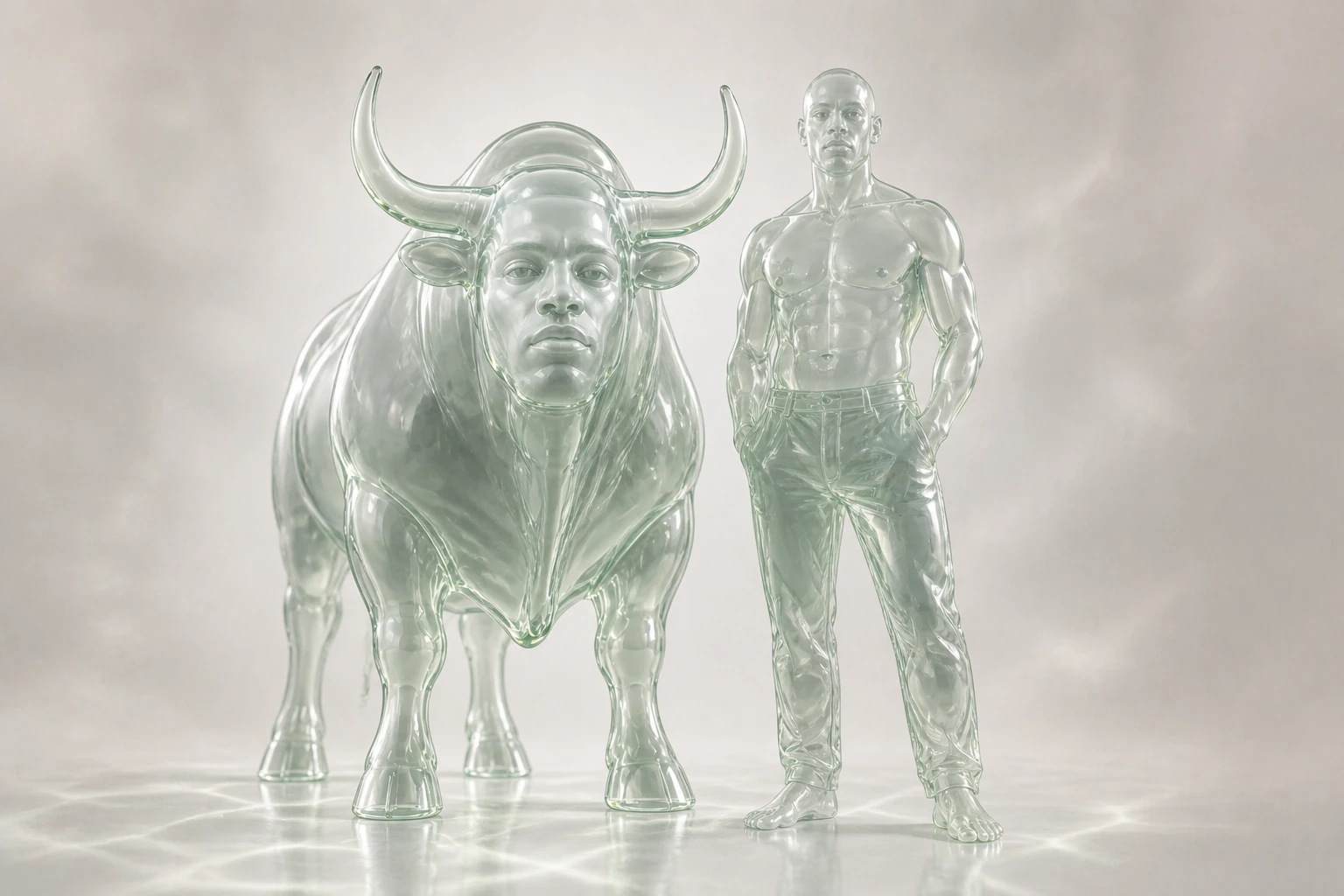 A translucent glass bull and glass man standing together
